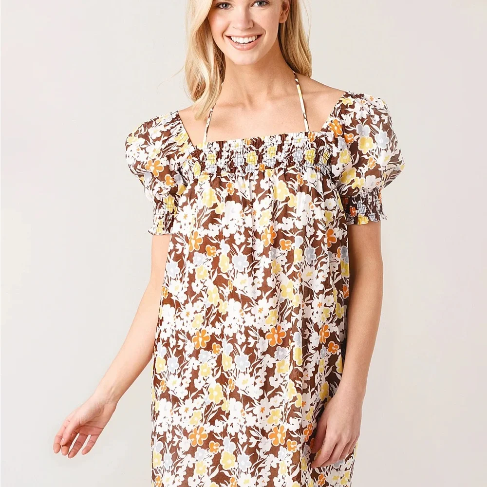 Tory Burch Floral Smocked Puff Sleeve Babydoll Dress